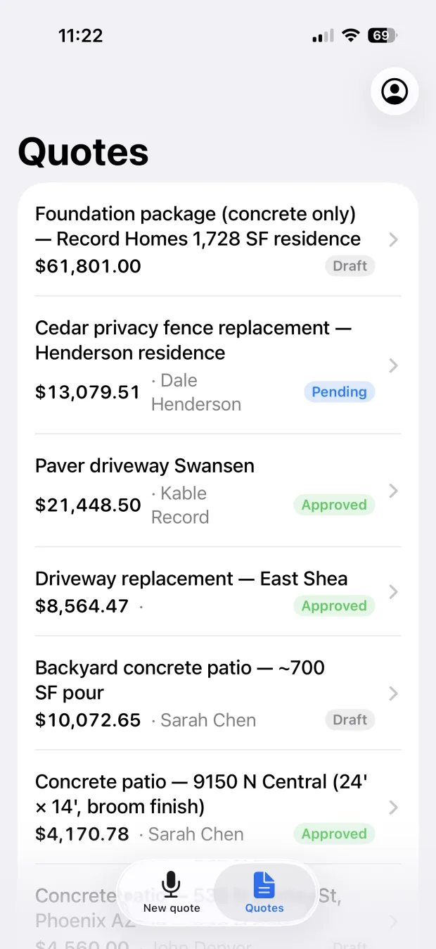 A list of quotes in the app, each showing a job name, a total and a status badge reading Draft, Pending or Approved.